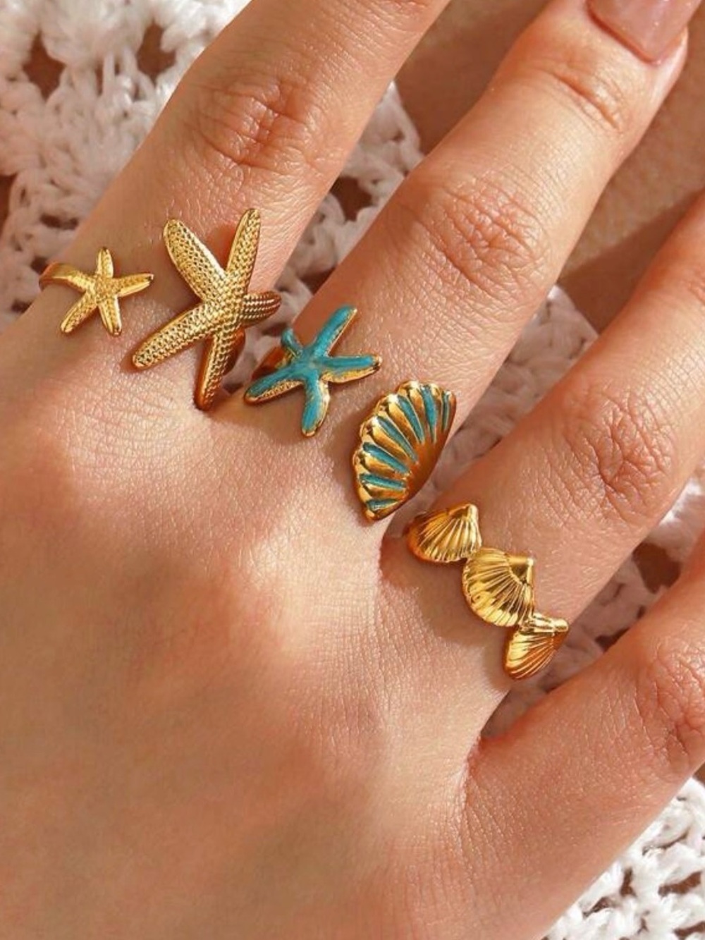 Beach Coastal Starfish Shell Ring Set Gold